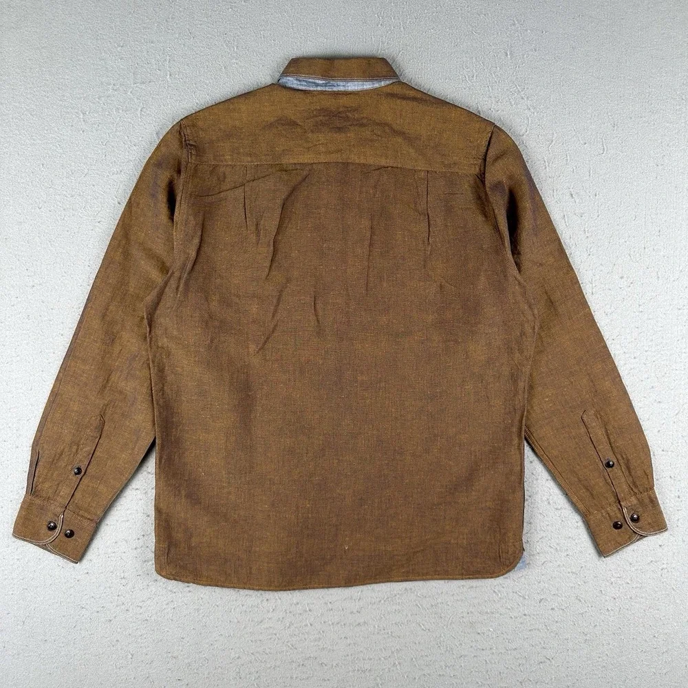 32 Bar Blue Button Up Shirt Men's Medium Metallic Copper Bronze Cotton Linen - Picture 15 of 16